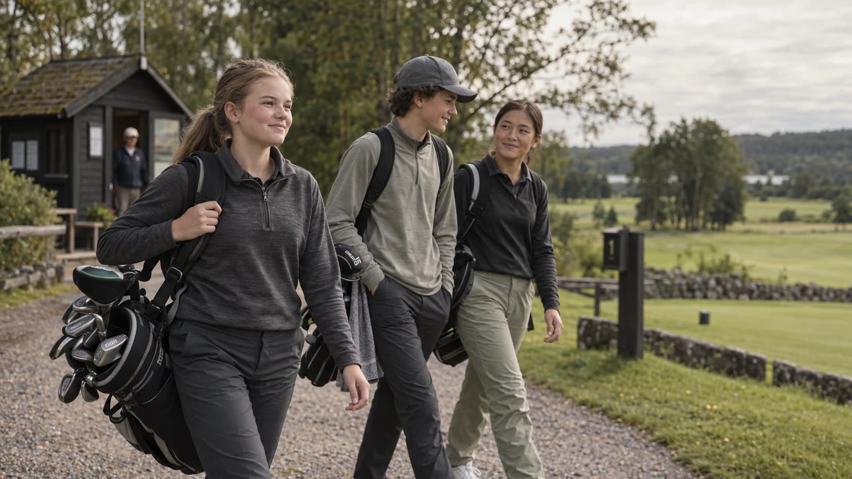 Three juniors walk from the starter's hut towards the first tee, bags on their shoulders.